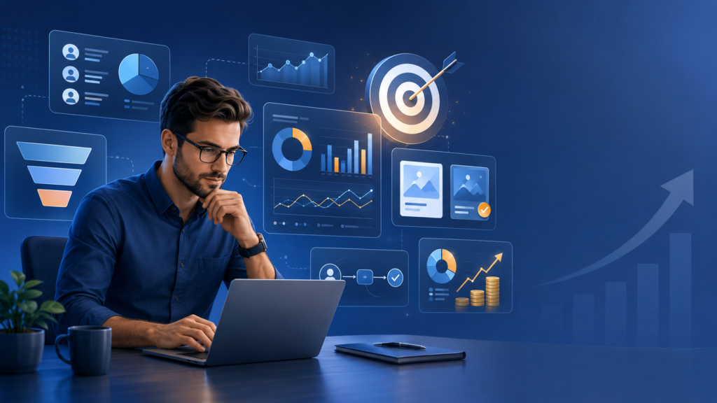 Gestor de tráfego pago analisando painéis de dados do Google Ads e Meta Ads em múltiplas telas, com gráficos de performance e relatórios abertos sobre uma mesa de trabalho — ilustração para artigo sobre como escolher um especialista em tráfego pago com foco em resultado de negócio.